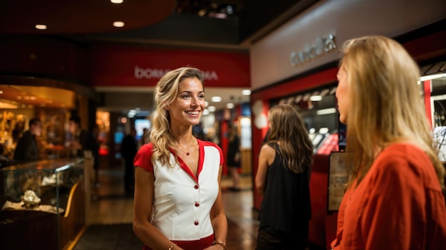 写真 高級店で顧客を迎するユニフォームを着た笑顔の女性