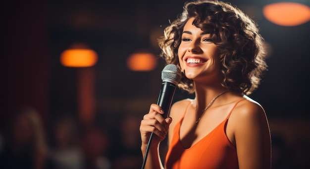 a smiling woman is holding a microphone