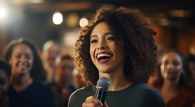 a smiling woman is holding a microphone