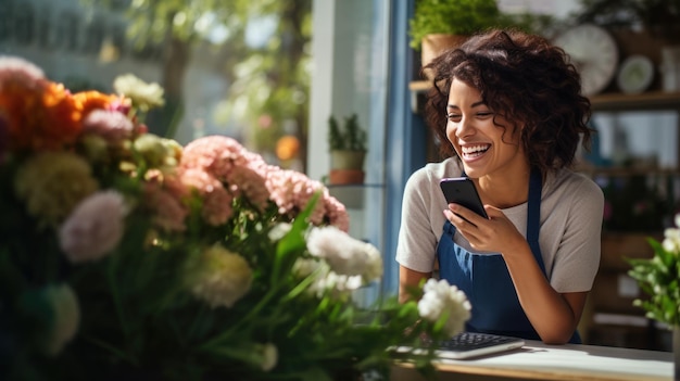 Smiling woman is standing in a flower shop looking at her smartphone with shelves of plants and flowers in the background