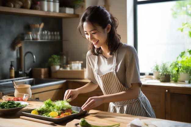 Smiling woman in kitchen girl cooking at home Generative AI