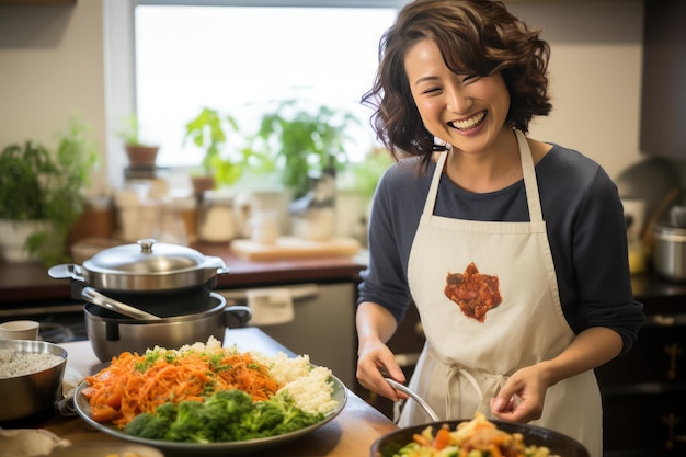 Smiling woman in kitchen girl cooking at home Generative AI