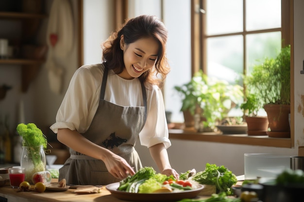 Smiling woman in kitchen girl cooking at home Generative AI