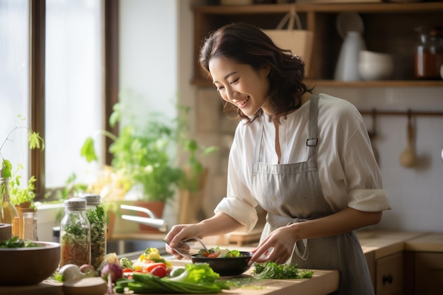 Smiling woman in kitchen girl cooking at home Generative AI