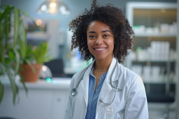 smiling woman in lab coat standing in front of a plant generative ai