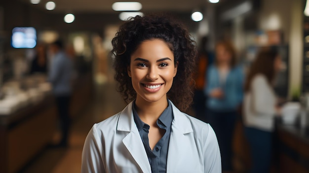smiling woman in lab coat standing in a hospital hallway Generative AI