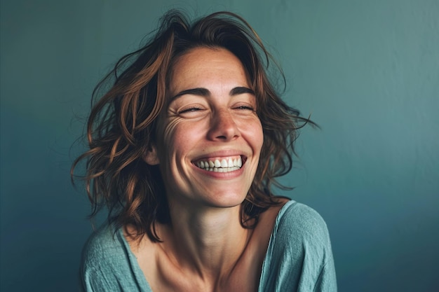 Smiling woman laughing on blue background