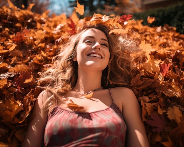 smiling woman laying in autumn leaves