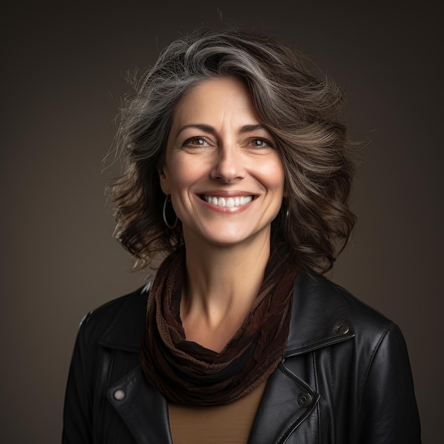 a smiling woman in a leather jacket and scarf