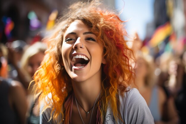 Photo smiling woman at an lgtbi demonstration fighting for racist and homophobic inequalities ai generated