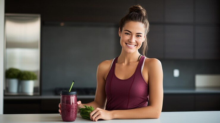 Photo smiling woman in a light airy kitchen holding a smoothie