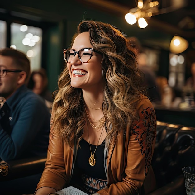 Photo smiling woman listening to music at a bar