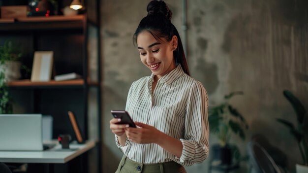 Smiling woman looking at her smartphone standing in a modern office