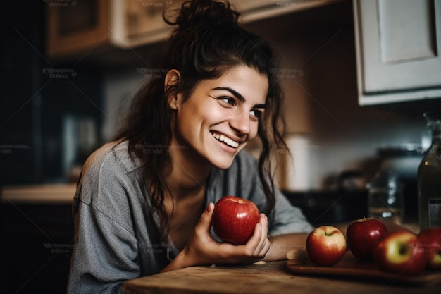 Photo smiling woman looking at red apple in kitchen at home