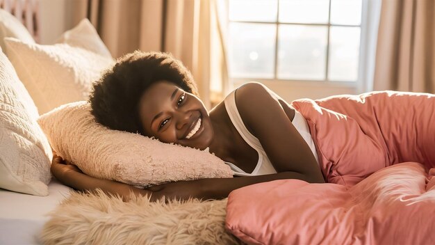 Smiling woman lying on the bedroom