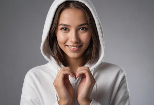 A smiling woman makes a heart shape with her hands wearing a white hoodie the gesture and her