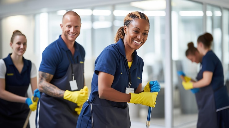 Photo smiling woman and man in a cleaning service uniform with colleagues in the background indicating a professional cleaning team at work