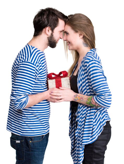 Smiling woman and man with gift box on a white background