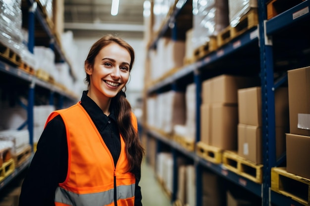 Photo smiling woman managing products supply in logistics department warehouse