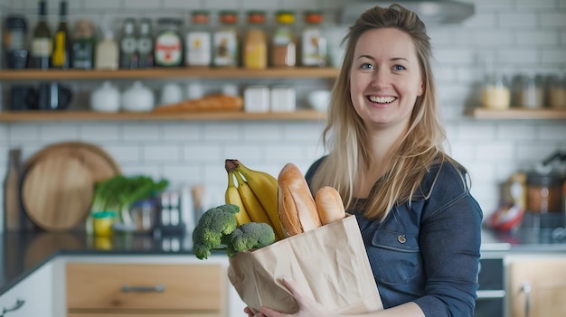 Photo smiling woman in modern kitchen holding a grocery bag fresh produce and sustainable living concept healthy eating habits ai