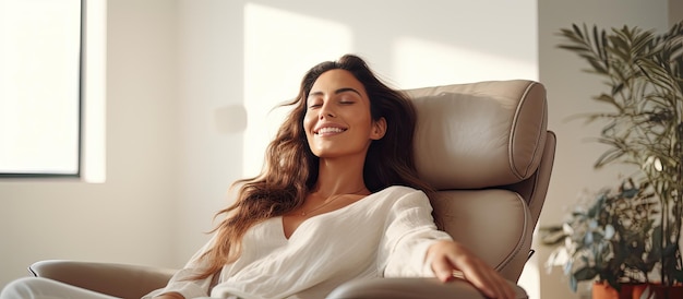 Foto donna sorridente nel moderno interno bianco a casa