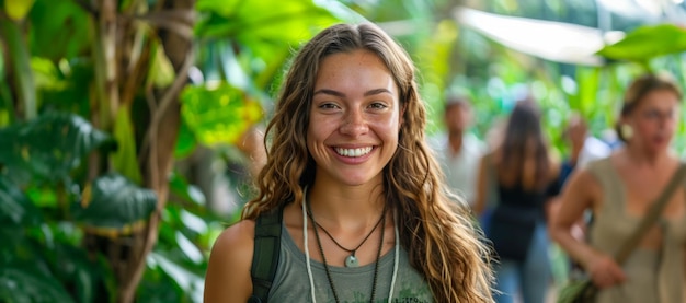 Smiling woman in natural garden setting with lush greenery