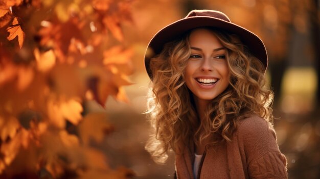 Smiling woman in nature enjoying autumn looking at camera