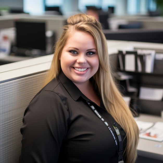 a smiling woman in an office cubicle