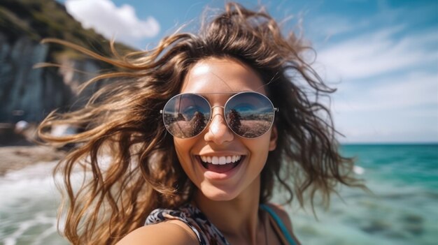 写真 休暇のビーチで笑顔の女性 海 海の夏