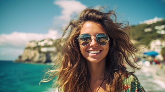 写真 休暇のビーチで笑顔の女性 海 海の夏