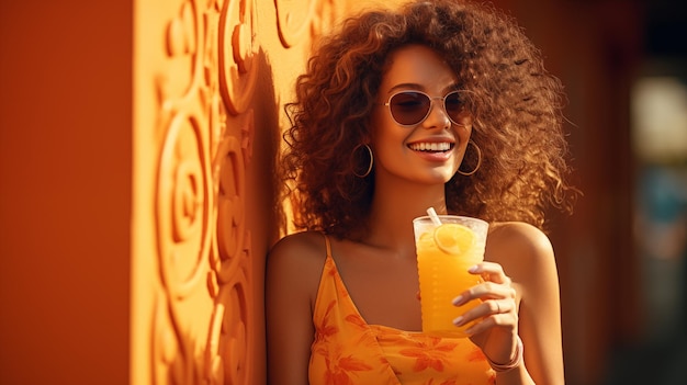 오렌지색 드레스 를 입은 미소 짓는 여자 가 오렌지 색 의 벽 밖 에서 사탕수수 테일을 들고 있다