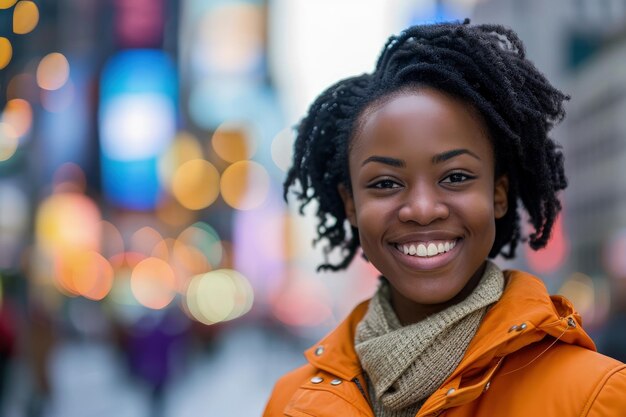 Smiling Woman in Orange Jacket