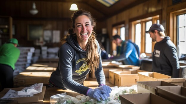 Smiling woman packing food boxes in a warehouse