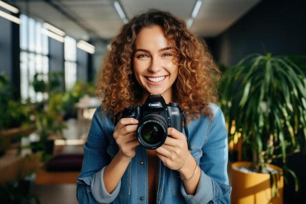 写真 笑顔の女性写真家がdslrカメラで写真を撮っています 孤立したスタジオの青い背景