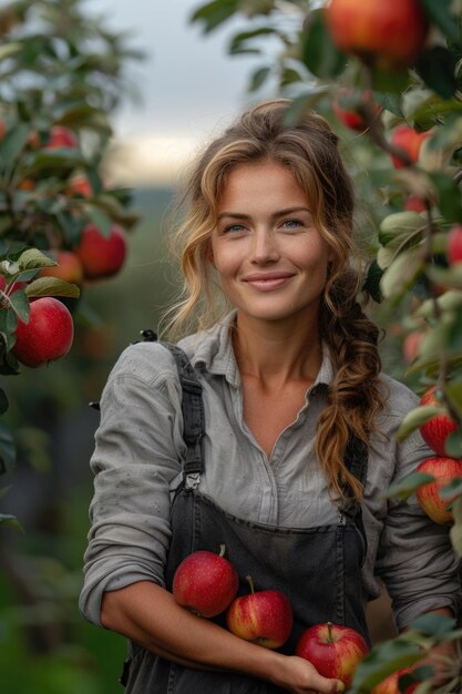 Smiling Woman Picking Fresh Apples In Orchard At Dusk