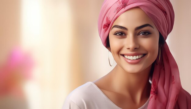 Smiling woman in pink headscarf on her head world cancer day concept