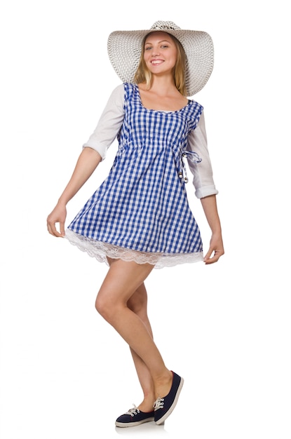 Smiling woman in plaid simple dress and hat isolated on the whit