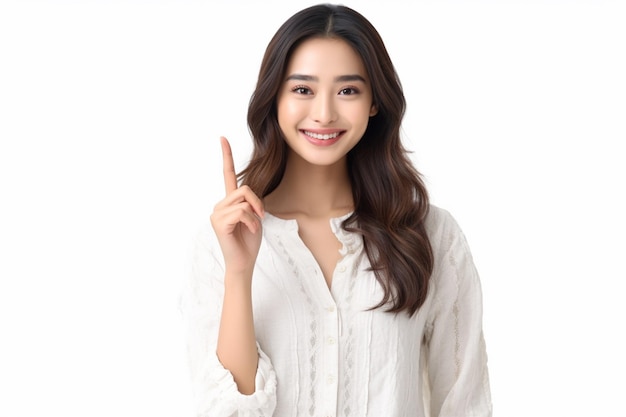 A smiling woman pointing a finger upper NO1 plain clothes