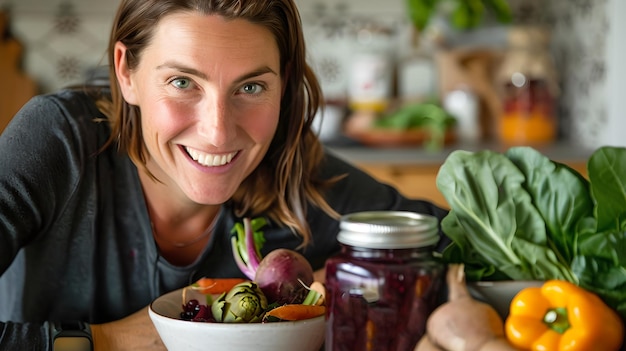 Foto donna sorridente che presenta una ciotola di verdure fresche in una cucina luminosa concetto di alimentazione sana con un tocco di gioia catturato in una vivace ia in stile reallife