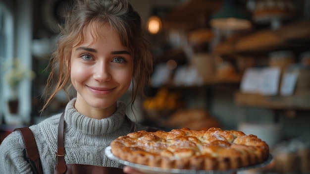 やかなパン屋で新鮮に焼いたパイをプレゼントする笑顔の女性