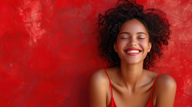 A smiling woman in a red dress sits in front of a red wall