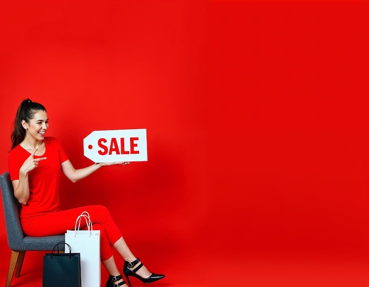 Photo smiling woman in red outfit holds sale sign seated against red background showcasing shopping bags