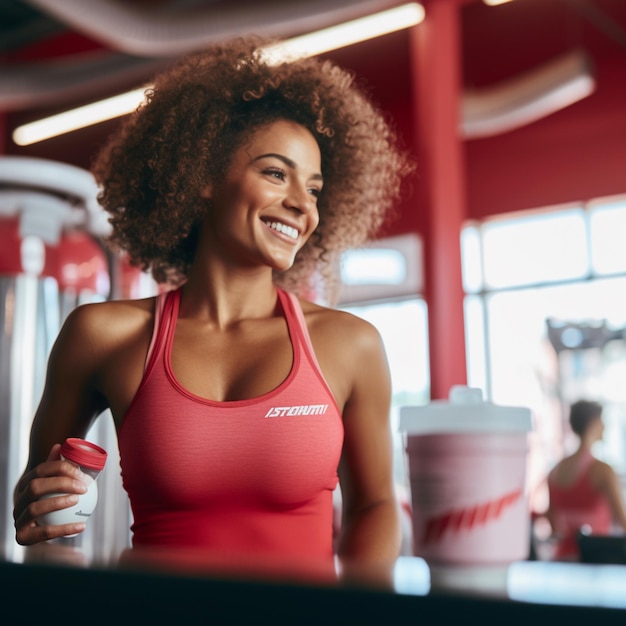 Smiling woman in a red sports bra top holding a drink generative ai