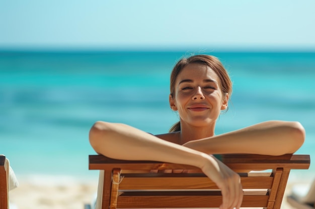 Smiling woman relaxing on a beach chair by the sea