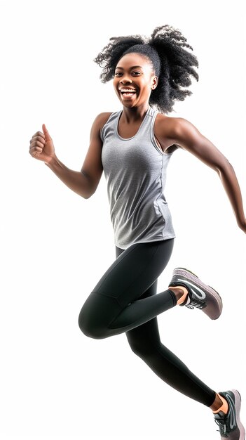 Photo smiling woman running on white background