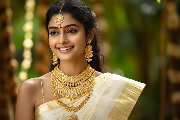 a smiling woman in a sari