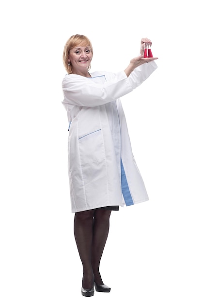 Smiling woman scientist with a laboratory flask