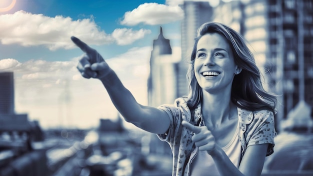 Smiling woman in shirt pointing and looking up