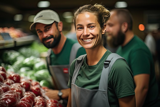 Улыбающаяся женщина, работающая в магазине в хорошо укомплектованном супермаркете, помогающая клиентам с улыбкой.