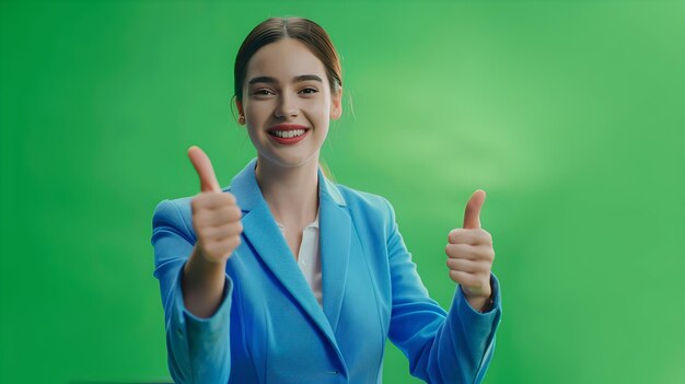 Photo smiling woman showing thumbs up business attire with blue suit positive gesture in front of green screen perfect for promotional use and presentations ai